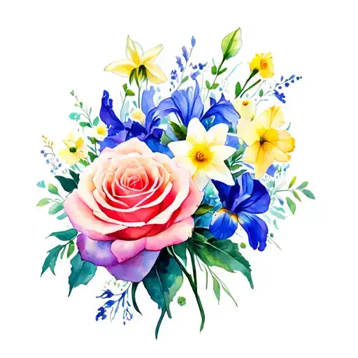 singular soft edged flowers including rose, daffodils, carnation and iris memorial love tattoo design idea