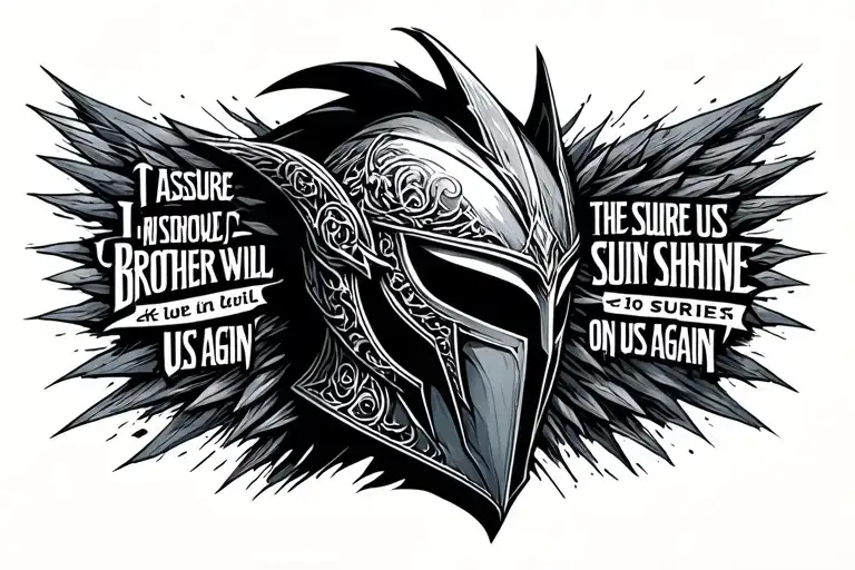 loki helmet and quote "i assure us, brother, the sun will shine on us again" tattoo design idea