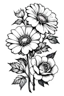 three flowers, geranium, crysanthemum and rose intertwined tattoo design idea