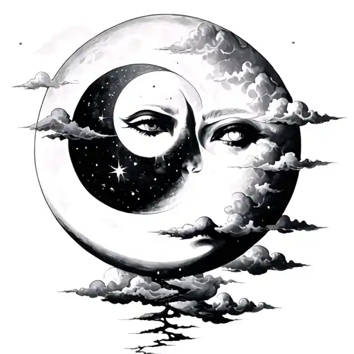 FACE MOON WITH CLOUDS tattoo design idea