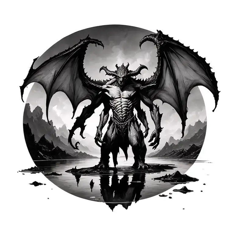 demon.extreme realism.standing over a puddle.b&w tattoo design idea