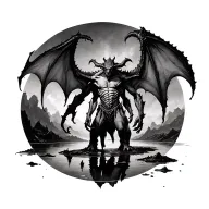 demon.extreme realism.standing over a puddle.b&w tattoo design idea