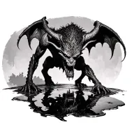 demon.extreme realism.standing over a puddle.b&w tattoo design idea