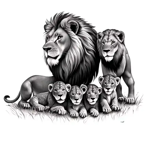 father lion mother lion and 3 cubs playing tattoo design idea