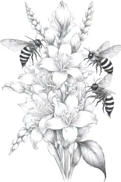 lily of the valley gladiolus lotus flowers interwined with bumblebee flying towards living tattoo design idea