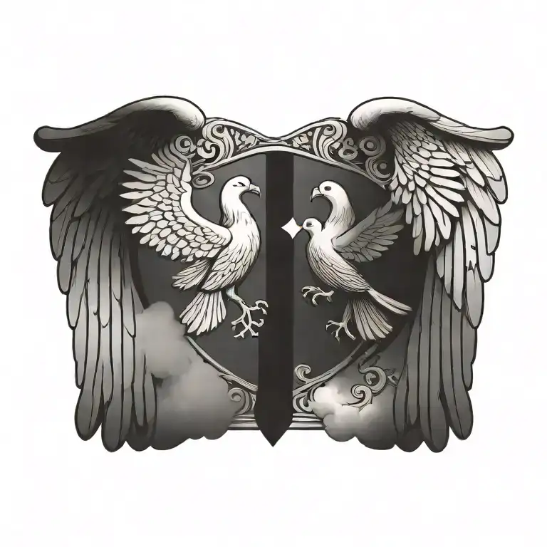 Coat of arms with clouds , pair wing of dove and cross,  tattoo design idea