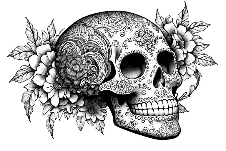 Mexican sugar skull surrounded tattoo design idea