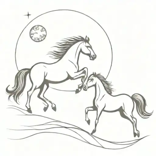 two horses running with the moon above them tattoo design idea