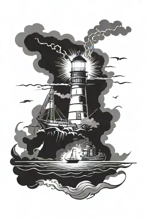 a lighthouse burning and a ship approaching through the mist tattoo design idea