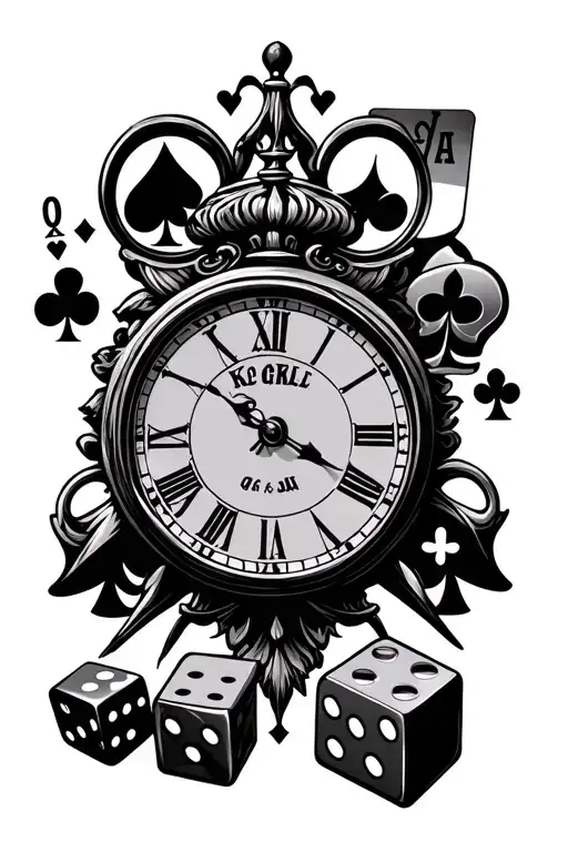 a clock A K Q & J playing cards dice symbolizing the gamble tattoo design idea