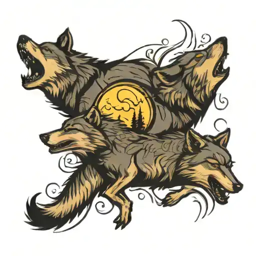 family of wolves chasing away the moon tattoo design idea