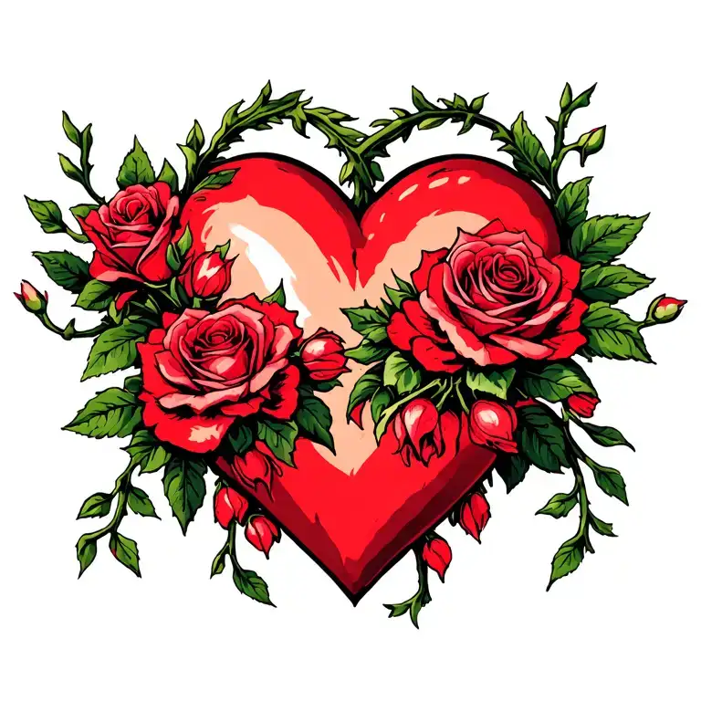 vines and rosebuds around a heart with a crooked halo tattoo design idea