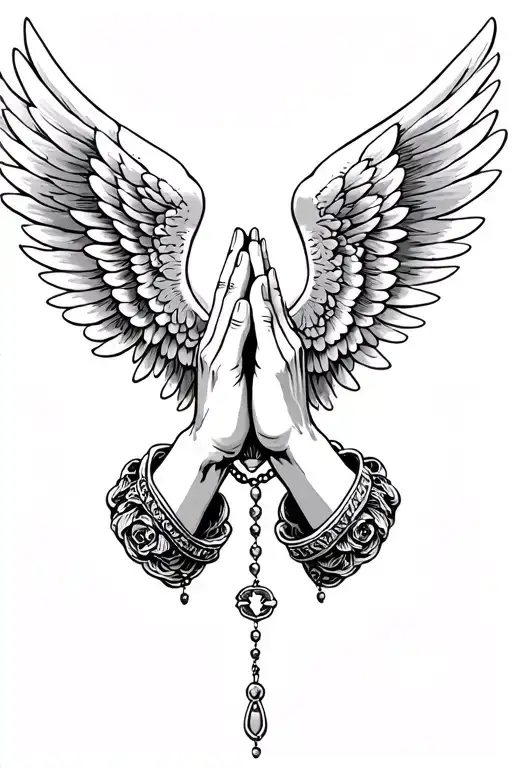 Praying Hands, Rosary beads intertwined, Wings tattoo design idea