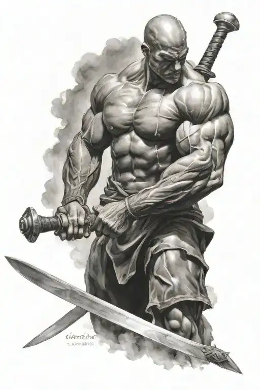 A powerful image of a muscular figure holding a sword with the words 'Strength Through Faith' incorporated, reflecting the client's dedication to both the gym and God tattoo design idea