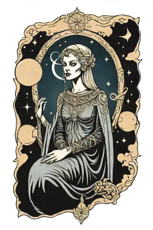 high priestess tarot card with female and moon tattoo design idea