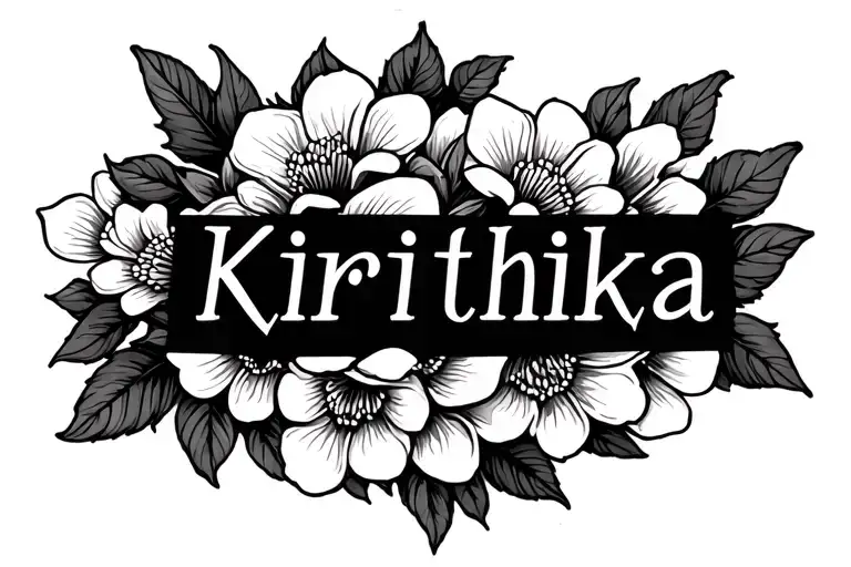 Name tattoo “Kirithika” with aspects of tamil culture and jasmine flower garlands, should look a bit masculine tattoo design idea
