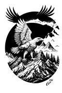 Mountains and eagle soaring tattoo design idea
