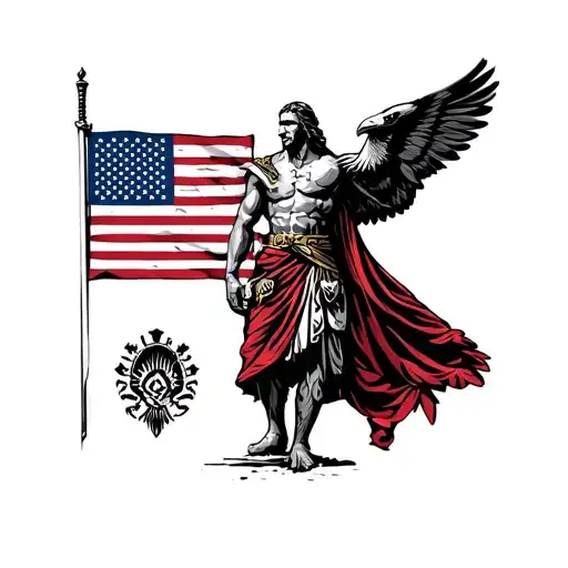 mars roman god of war with a dominican republic flag, an american flag, american bald eagle, a taino cacique symbol, and tattoo design idea