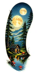 moonlit Forest scene featuring a cabin on a pond surrounded by mushrooms tattoo design idea