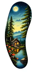 moonlit Forest scene featuring a cabin on a pond surrounded by mushrooms tattoo design idea