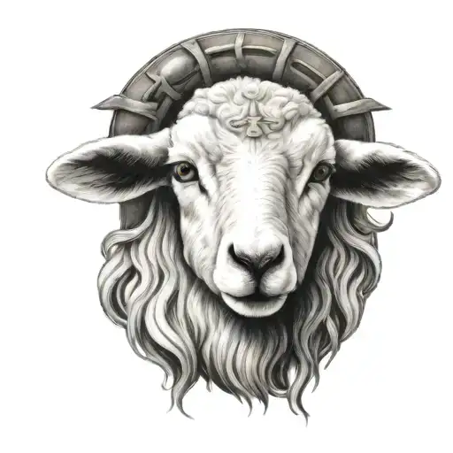 cute symmetrical lamb face with Jesus Christ behind it  tattoo design idea