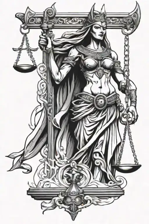 lady justice holding the anubis scales and a gun tattoo design idea