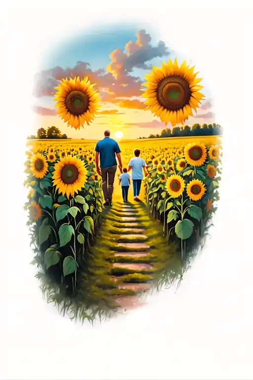 sleeve tattoo of large sunflowers leading into sunflower field with dad and sons walking on path into the sunset  tattoo design idea