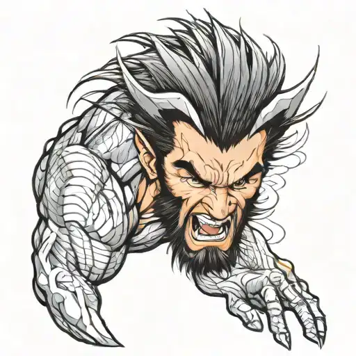 A highly detailed   -themed sleeve tattoo design featuring a menacing  x-men wolverine with reflective mirrored claws , tattoo design idea