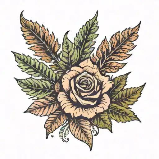 FERN + maple leaf + rose intertwined tattoo design idea