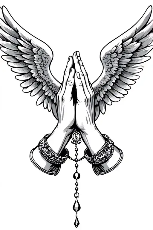 Praying Hands, Rosary beads intertwined, Wings, Realism tattoo design idea