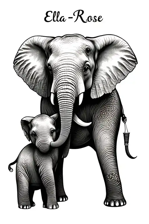 elephant and baby girl name Ella-Rose tattoo design idea