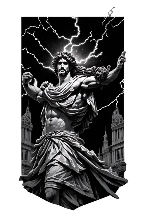greek god with lightning and buildings in background tattoo design idea