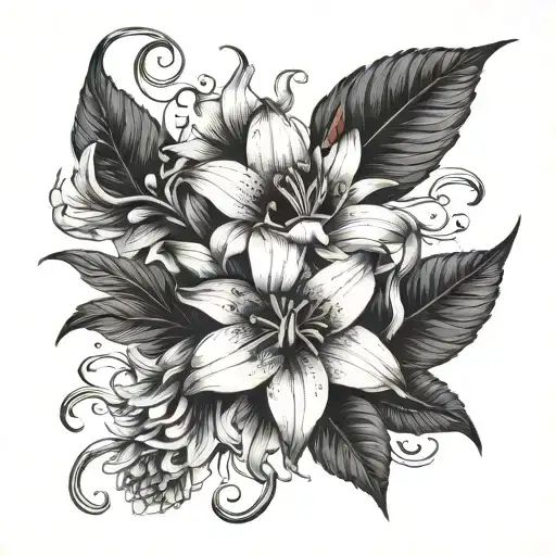 tattoo with Lilies, red spider Lillie's, black dahlias, Geranium not cluttered. tattoo design idea