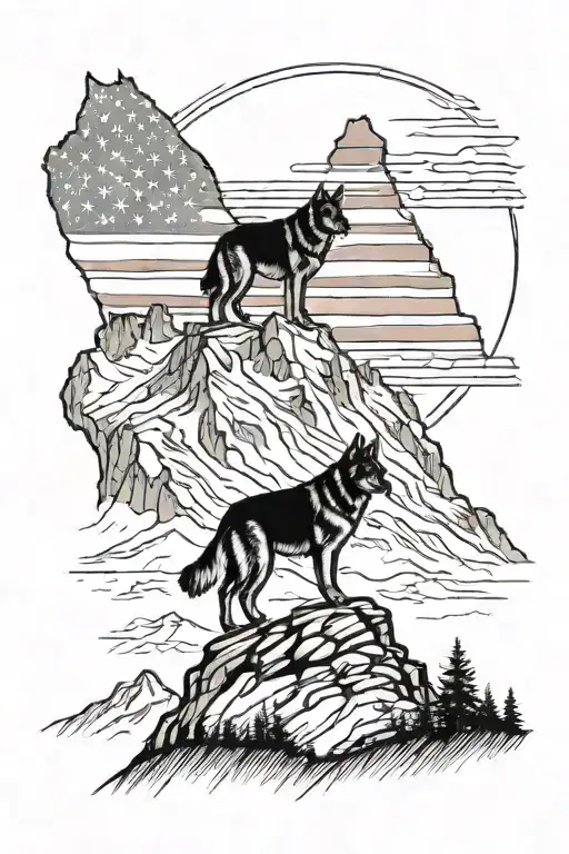 A silhouette of a german shepherd and a border collie standing together on a mountain peak with the American flag waving in the background tattoo design idea