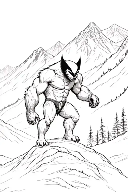 a real Wolverine animal overlooking mountain and forest to the right  tattoo design idea