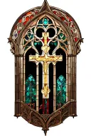 gothic cathedral stained glass window with Christian themes tattoo design idea