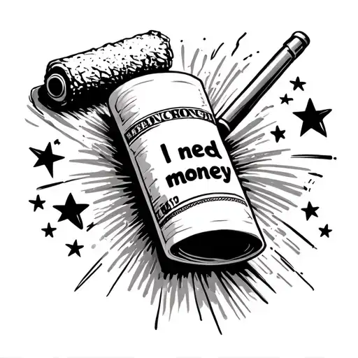 write "i need money"  inside a bank note rolled up with stars arond it a paint roller tattoo design idea