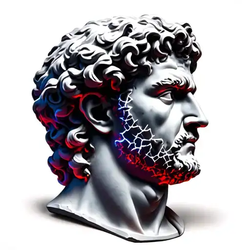 "A marble bust of the Roman Emperor Nero with a futuristic twist. His face has cracks glowing with neon red and blue lig tattoo design idea