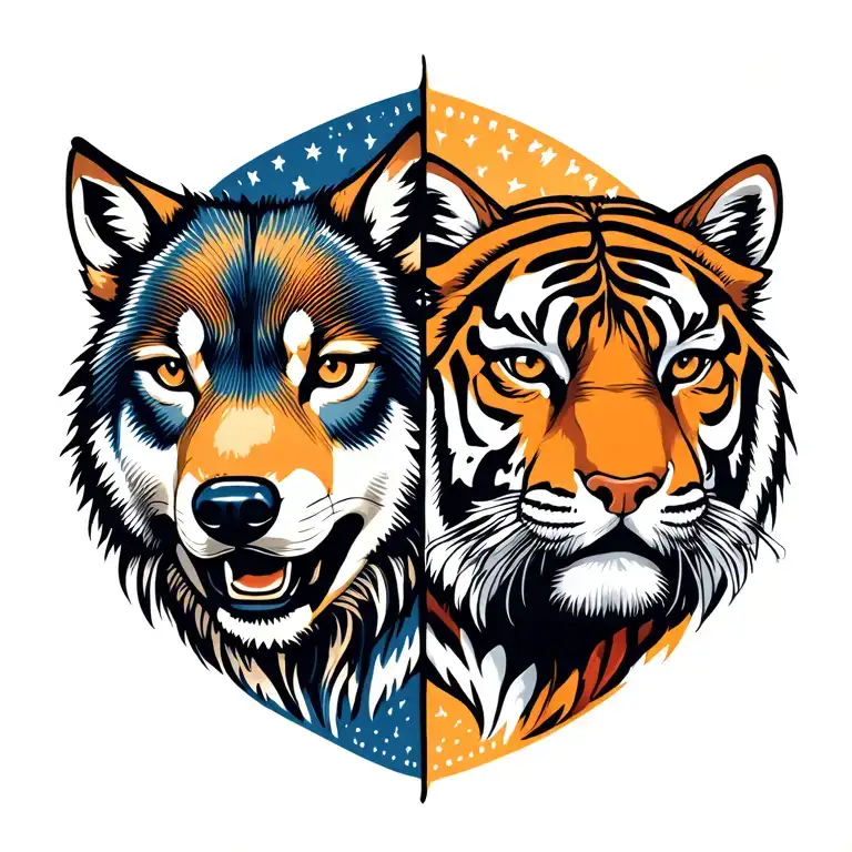 wolf face and tiger face merged tattoo design idea