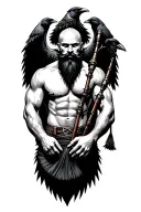  bald black beard shirtless large bagpipes black wings on back crows dark brown tattoo design idea