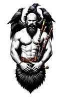  bald black beard shirtless large bagpipes black wings on back crows dark brown tattoo design idea