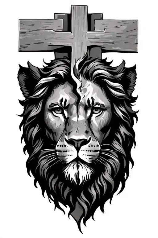 half Jesus face half lion face in the middle of a cross tattoo design idea