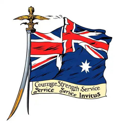 Australian flag waving with bayonet including the words, courage strength service Invictus  tattoo design idea