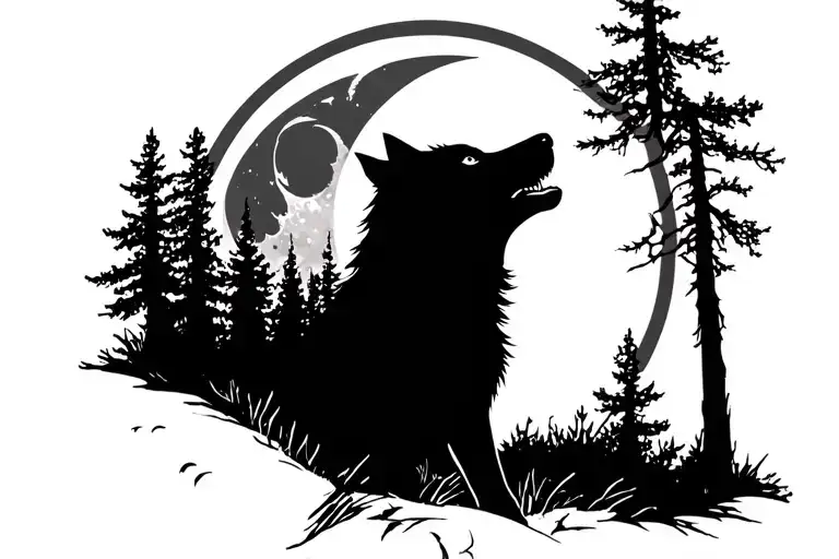 wolf howling at moon negative space inside forest silhouette tattoo design idea
