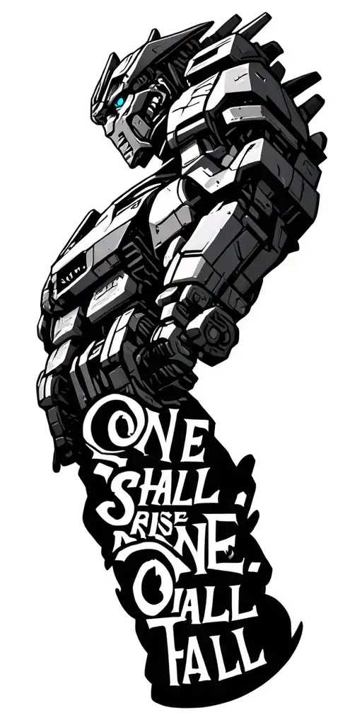 "One Shall Rise, One Shall Fall" Decepticon design on the upper arm, transitioning to cybertronian decepticon quotes on the forearm tattoo design idea
