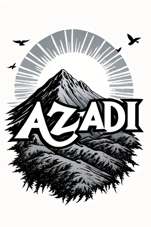 "AZADI". text going down. mountain, sun rising, black birds flying tattoo design idea