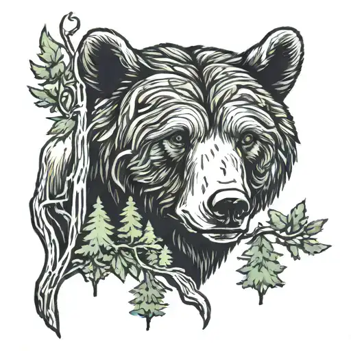 forest with bear head tattoo design idea