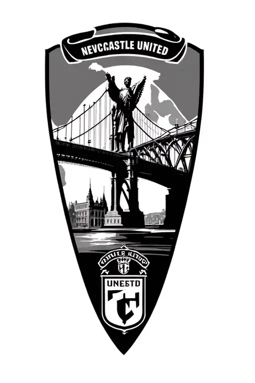 newcastle united football club logo with tyne bridge and angel of the north in background tattoo design idea