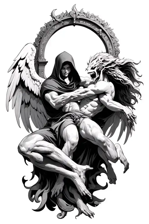 hooded arch angel defeating a demon tattoo design idea
