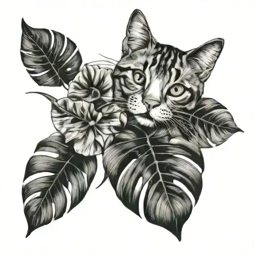 cat and monstera leaf line work tattoo tattoo design idea